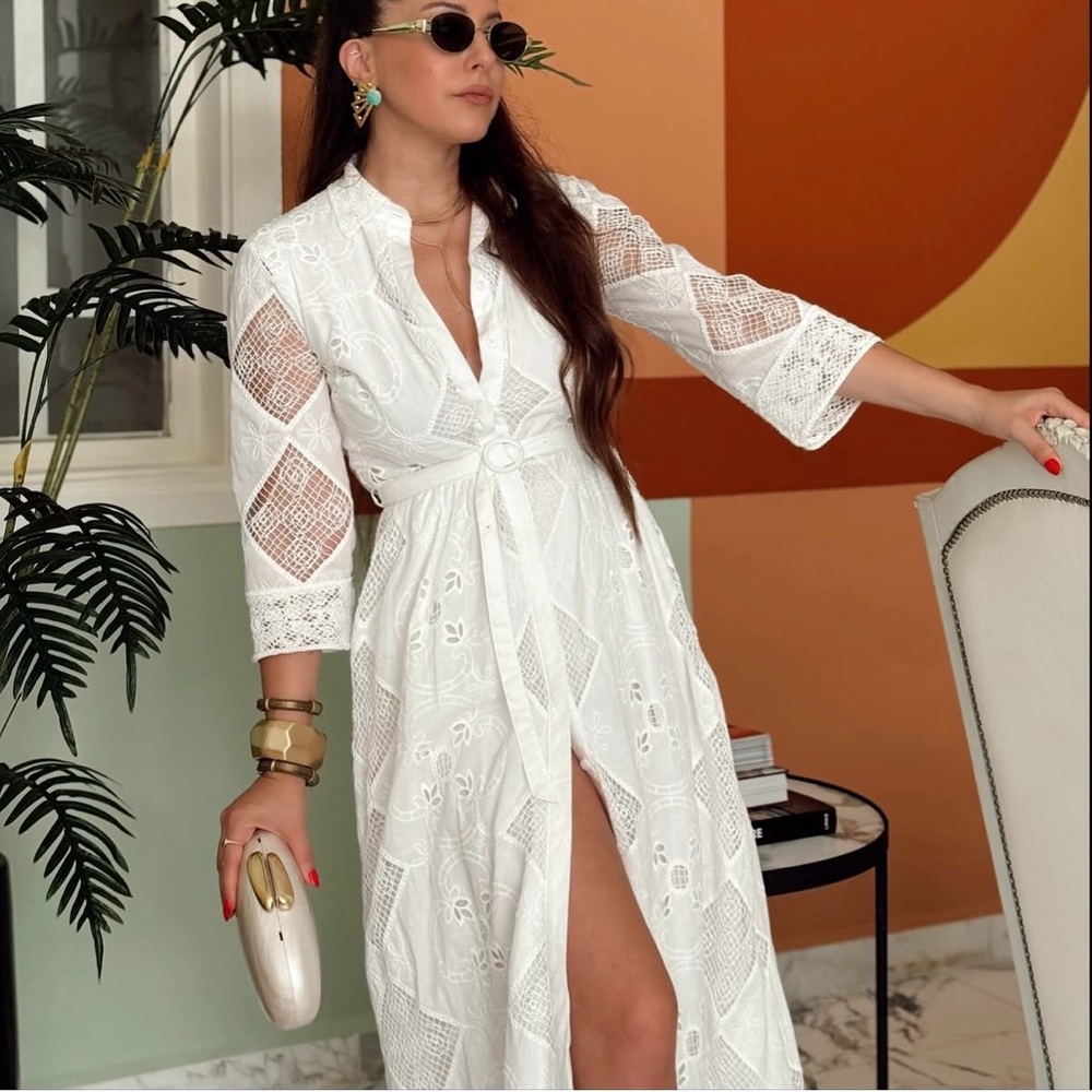 Sara white lace long sleeve maxi dress with waist belt boho summer vacation - Picture 5 of 16